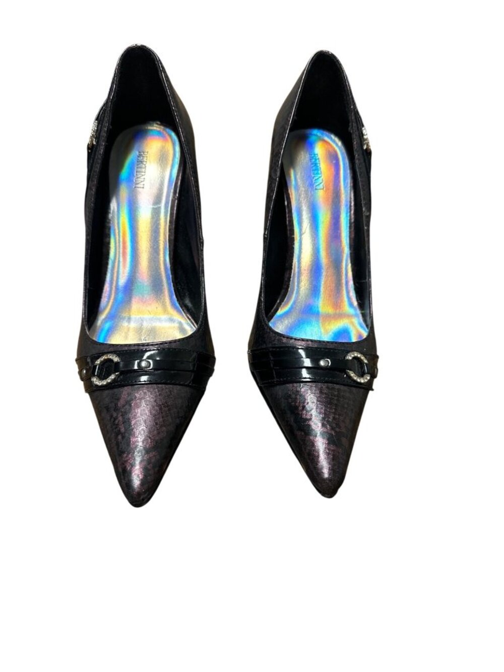 Bertinni size 9 heels pointed toe silver tone hardware purple black animal print